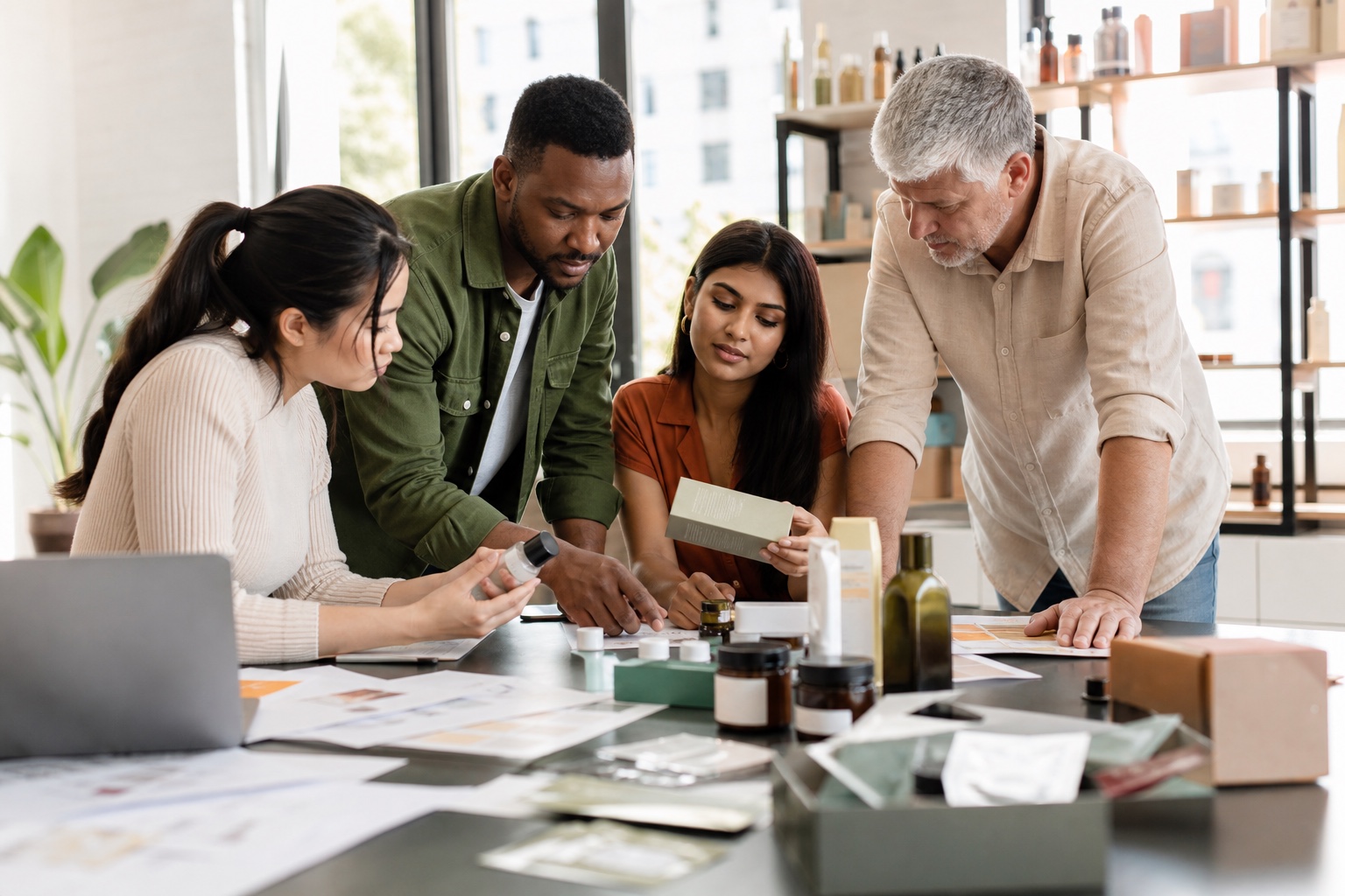 A diverse product and compliance team reviewing products, labels and evidence